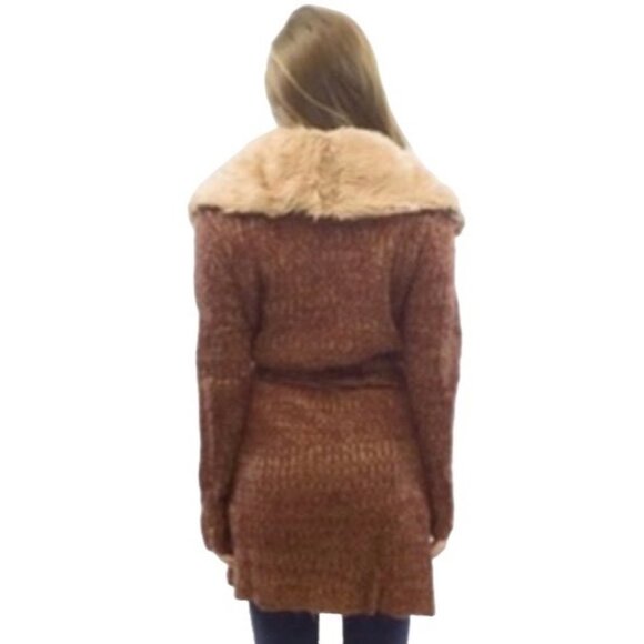 NWT Boutique Detachable Faux Fur Trim Waist Long Rust Cardigan - Picture 4 of 8